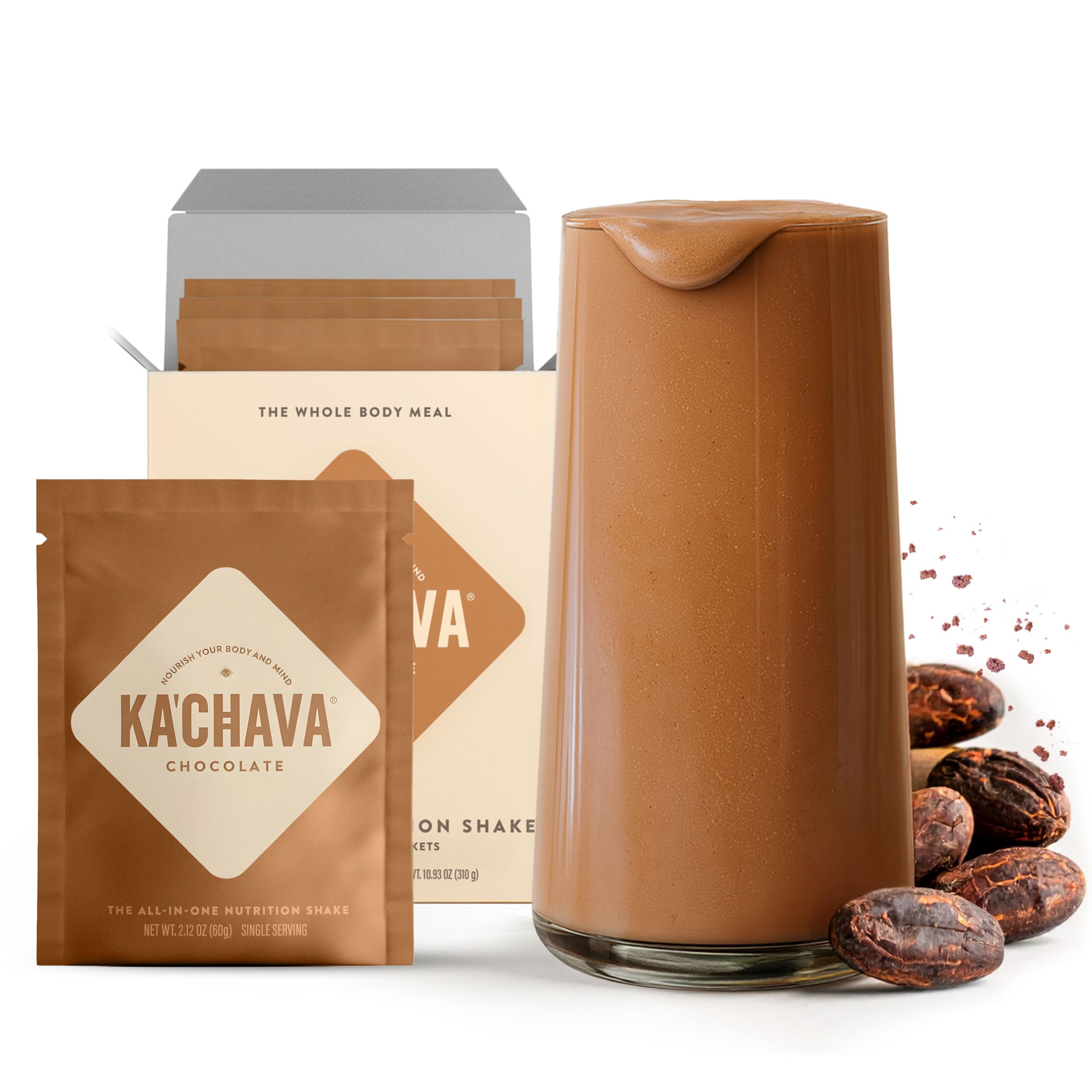 Ka’Chava chocolate bottle pour for a convenient plant-based meal on the go