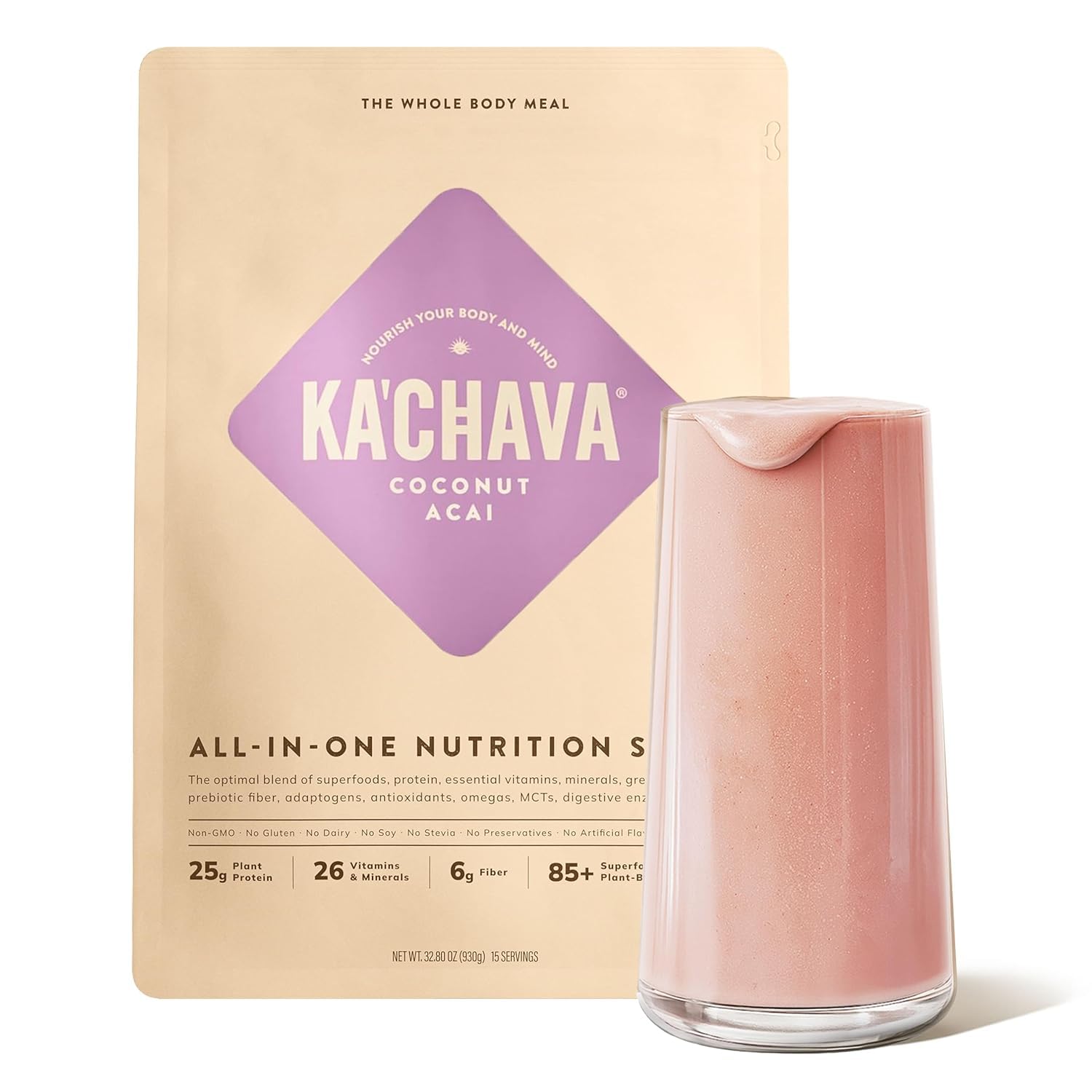 Ka’Chava Coconut Acai bottle pour demonstrates a convenient plant-based meal replacement.