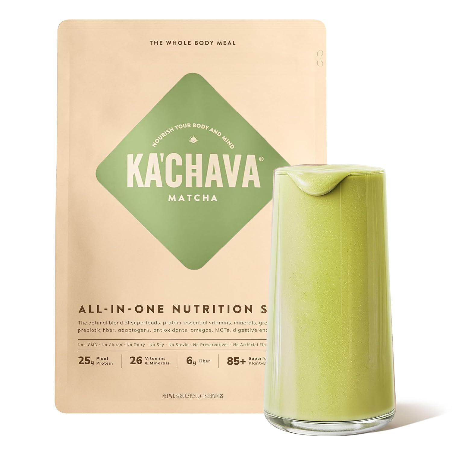 Ka’Chava matcha bottle pour highlights a creamy, satisfying plant-based shake