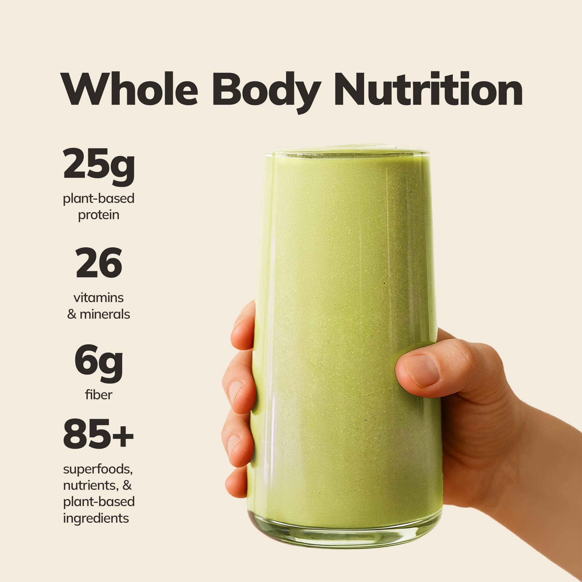 Ka’Chava matcha shake in a glass shows smooth texture and flavor