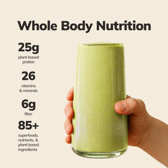 Ka’Chava matcha shake in a glass shows smooth texture and flavor
