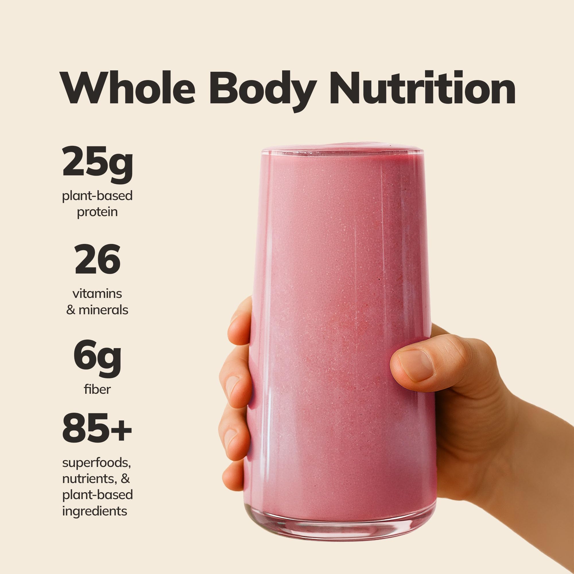 Ka’Chava powder close-up highlighting 85+ ingredients for nutrition.
