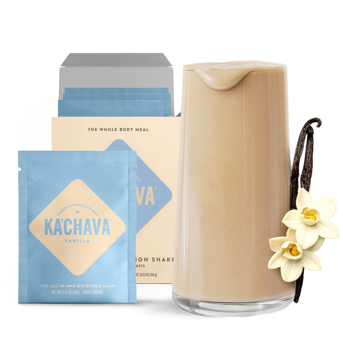 Ka’Chava Vanilla shake glass close-up highlighting creamy, plant-based nutrition.