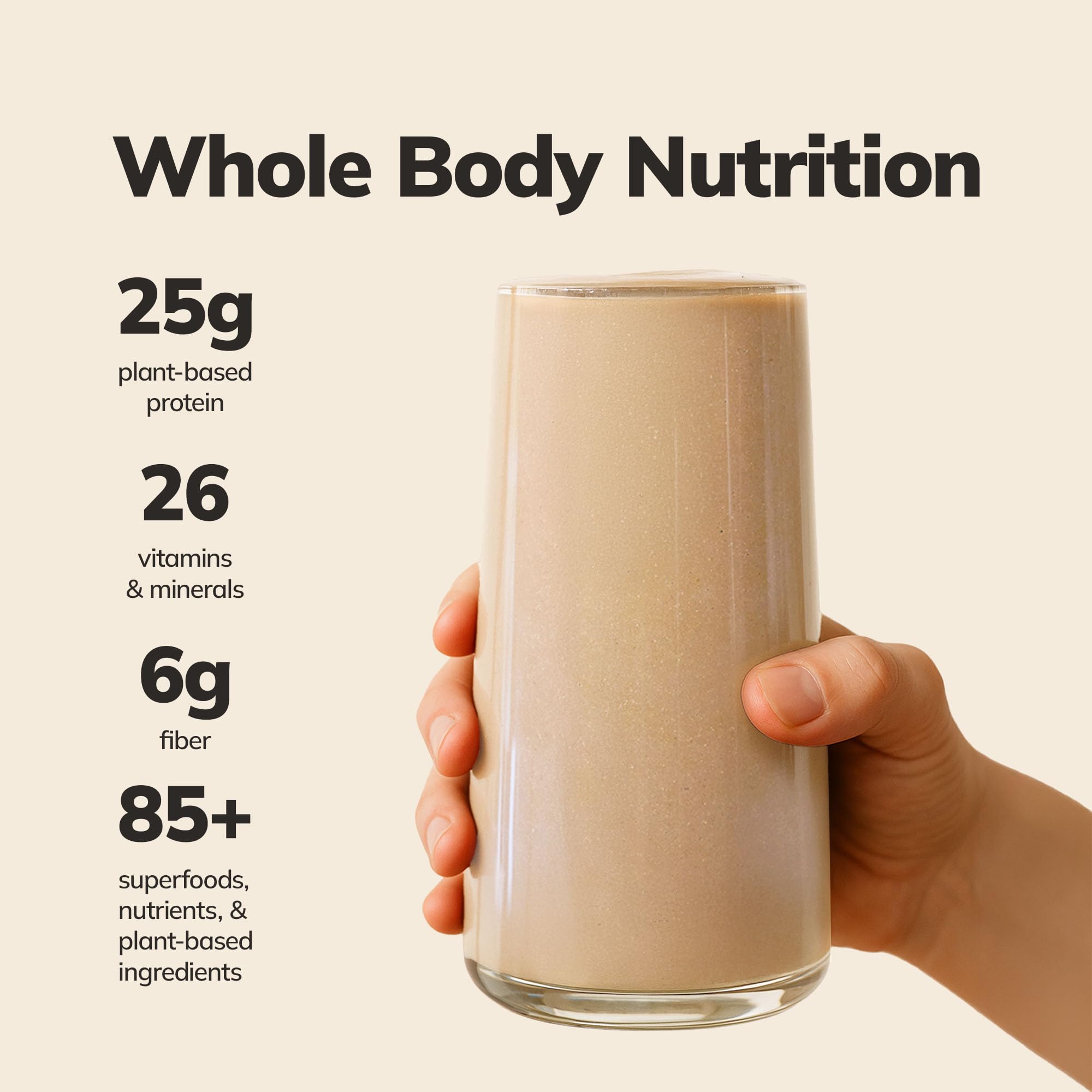 Ka’Chava vanilla shake glass showing creamy texture for a satisfying vegan meal.