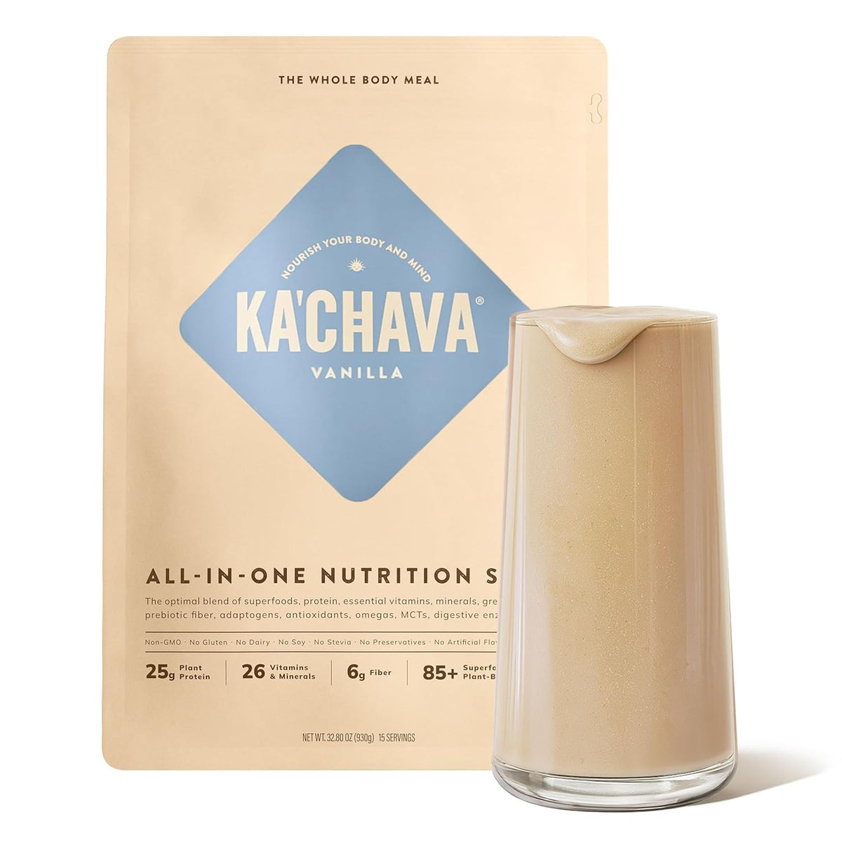 Ka’Chava vanilla whole body meal bottle for on-the-go nutrition.