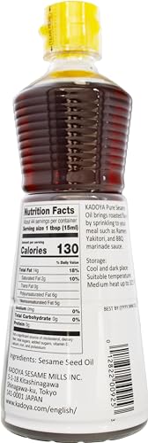 Kadoya sesame oil label close-up showing Japanese quality for cooking