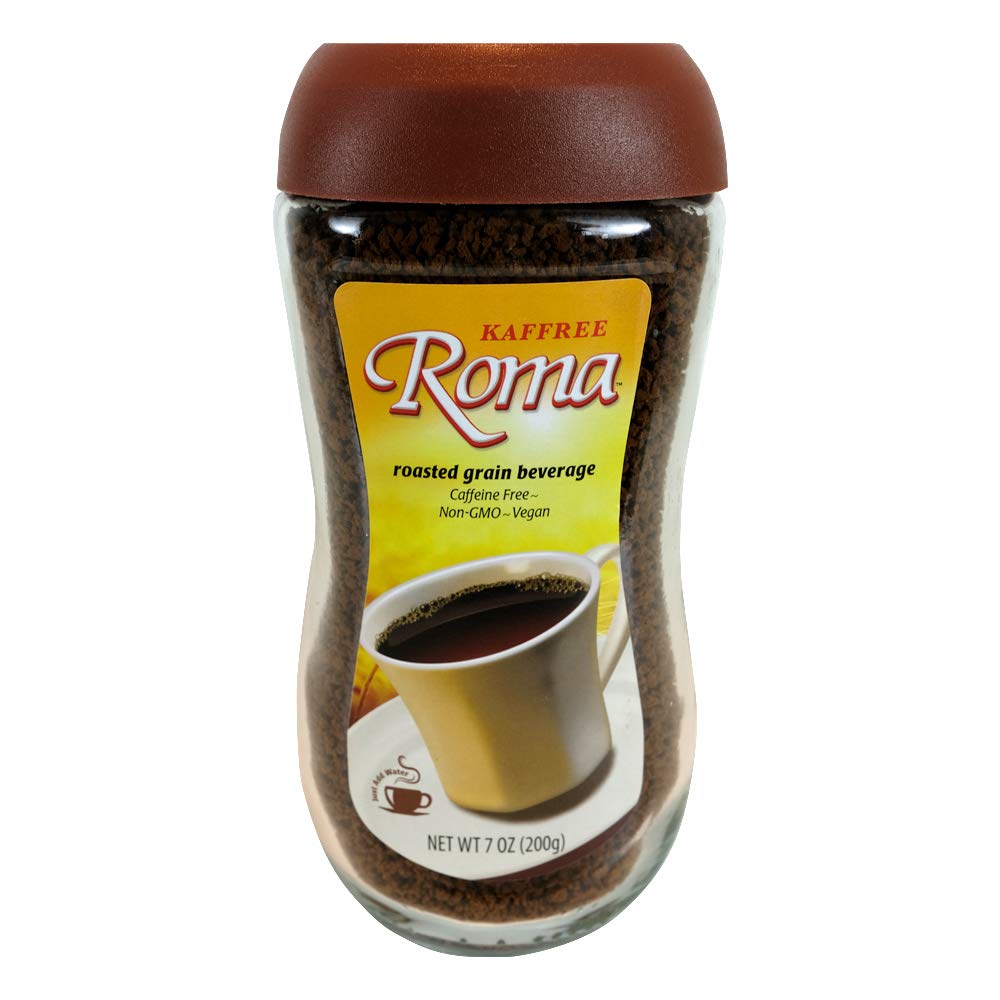 Kaffree Roma Original bottle front shows caffeine-free, full-bodied roasted blend ideal for sipping.