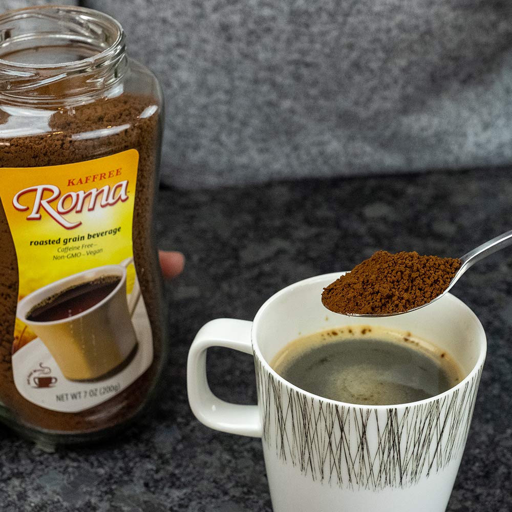 Non-GMO badge on Kaffree Roma Original packaging signals clean ingredients.
