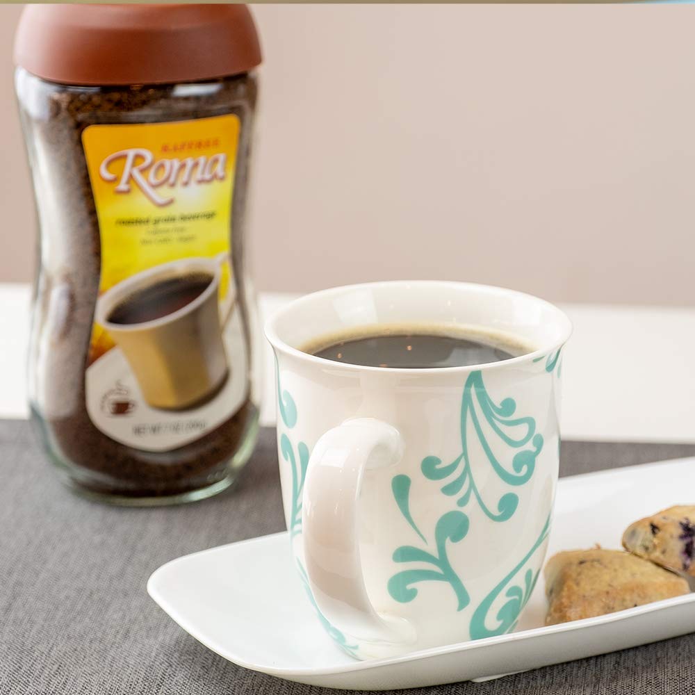 Nutrition panel highlights 20 mg potassium per serving in Kaffree Roma Original.