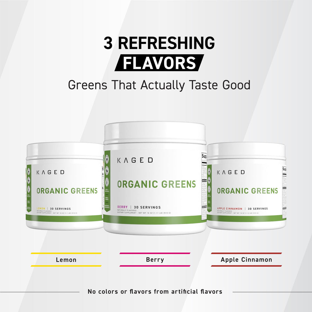 Kaged Organic Greens Apple Cinnamon Ashwagandha adaptogen bottle detail.