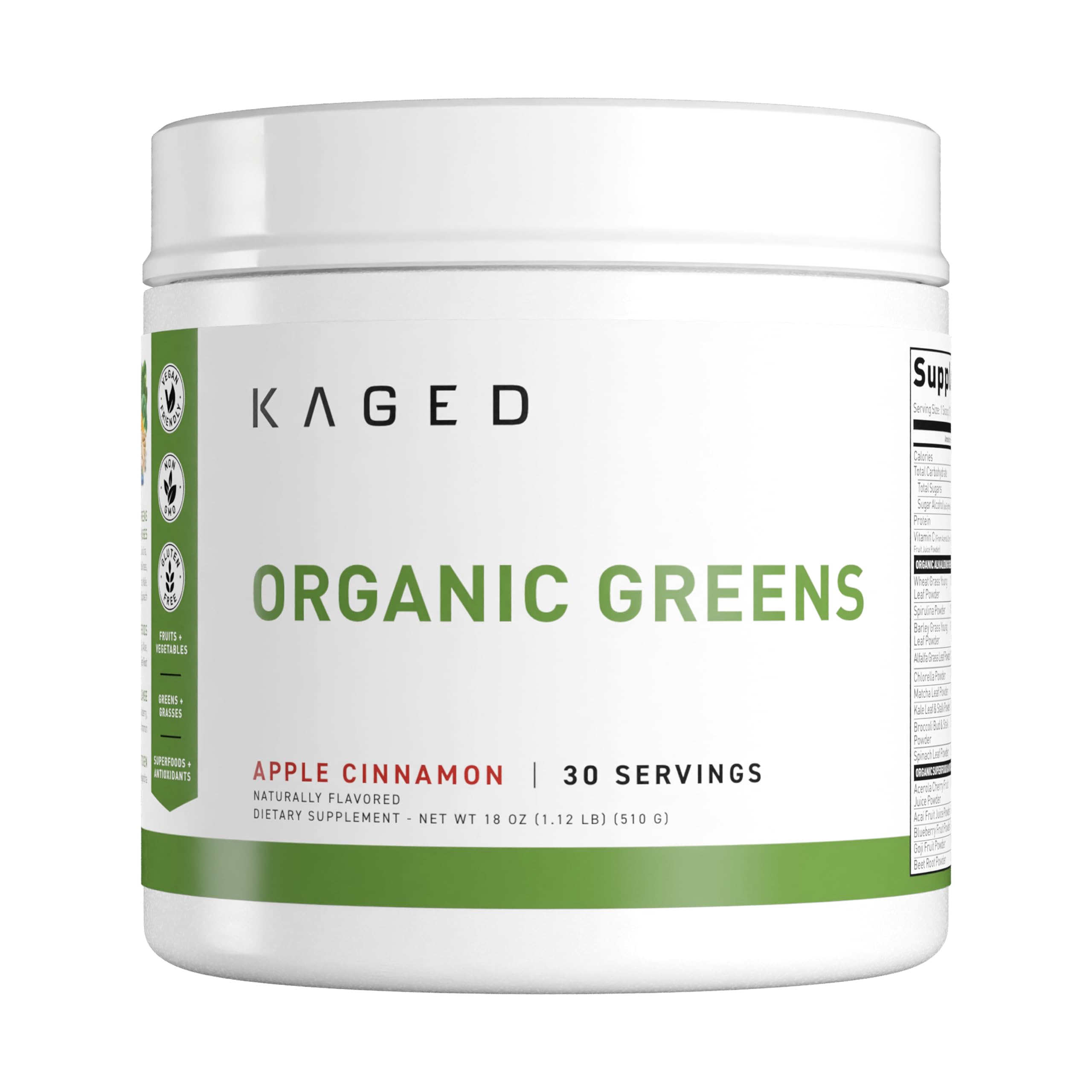 Kaged Organic Greens Apple Cinnamon bottle showing clean, sugar-free nutrition.
