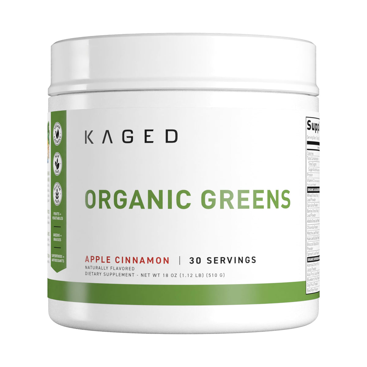 Kaged Organic Greens Apple Cinnamon bottle showing clean, sugar-free nutrition.