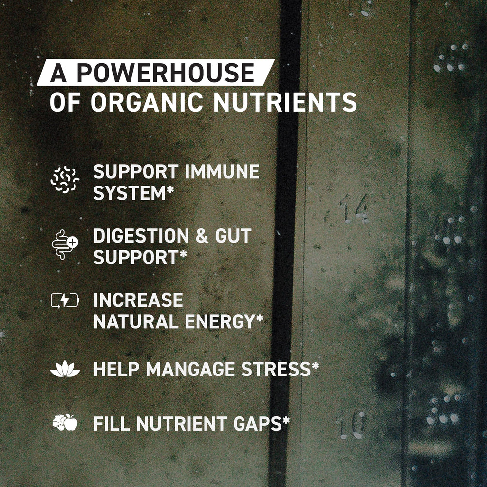 Kaged Organic Greens Apple Cinnamon ingredients close-up highlighting organic fruits and vegetables.