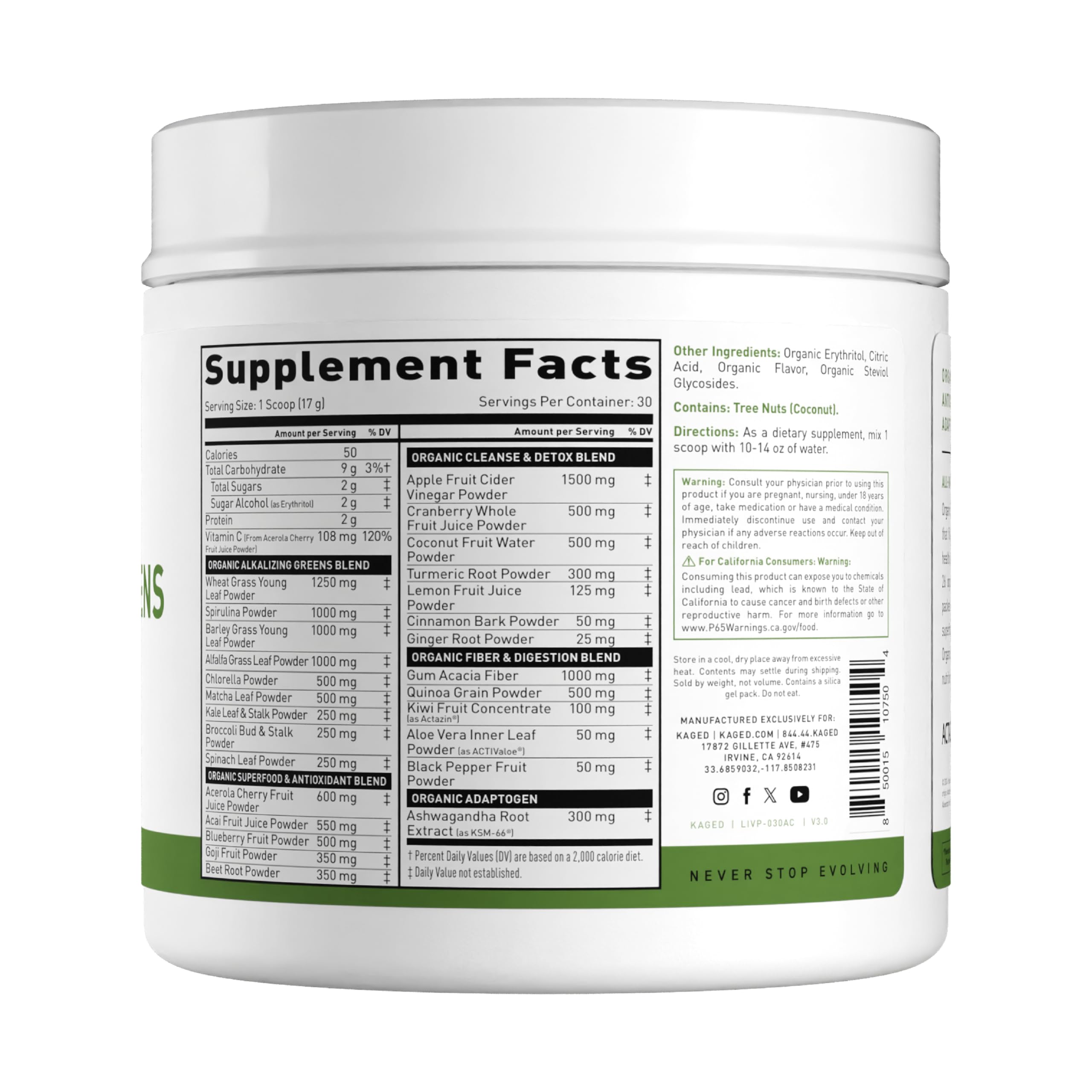Kaged Organic Greens Apple Cinnamon packaging highlighting 30 servings.