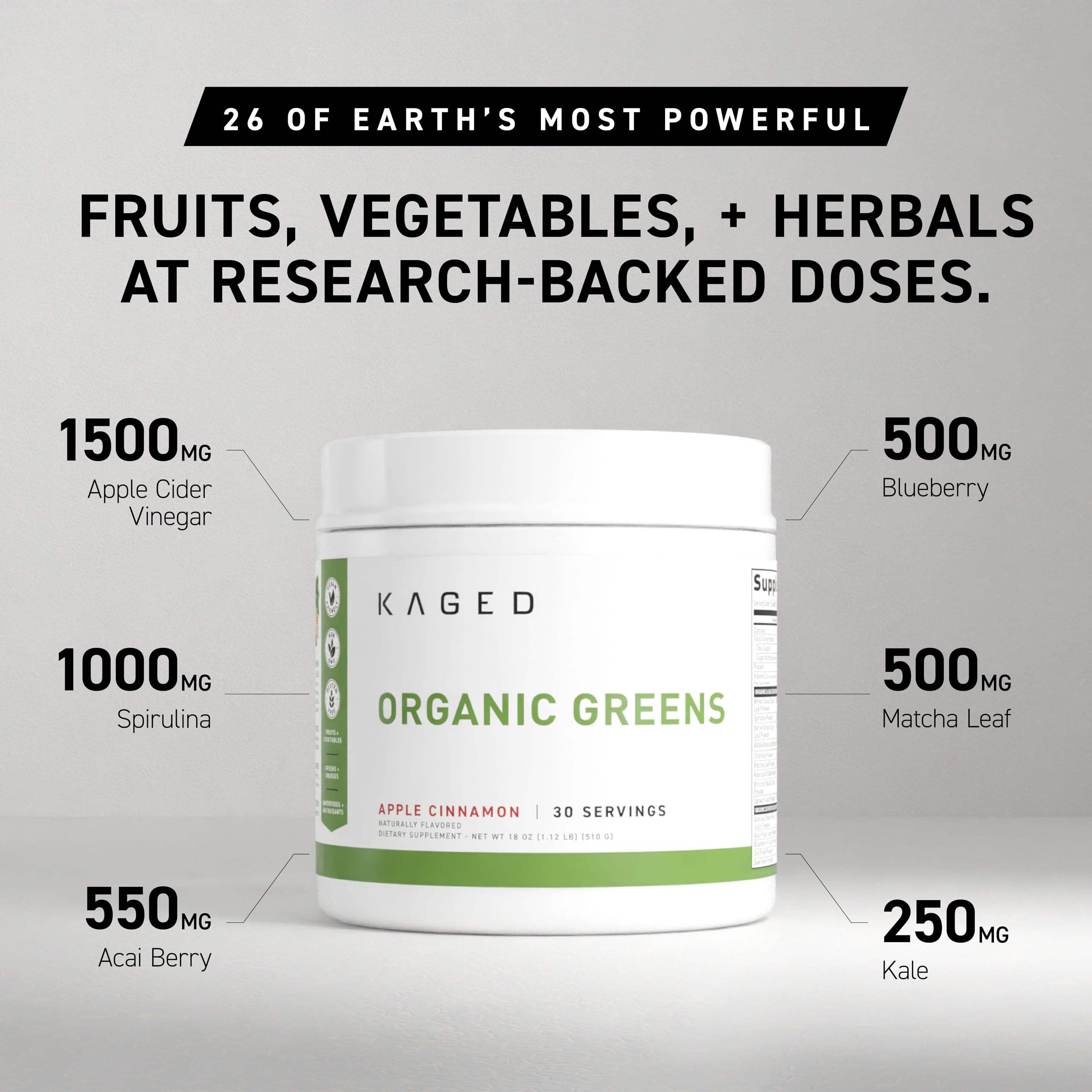 Kaged Organic Greens Apple Cinnamon powder scoop ready to mix for a quick boost.