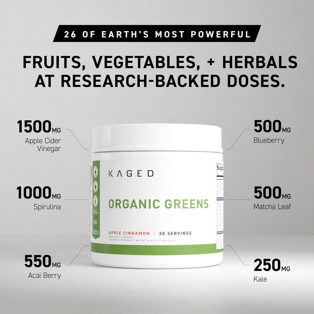 Kaged Organic Greens Apple Cinnamon powder scoop ready to mix for a quick boost.