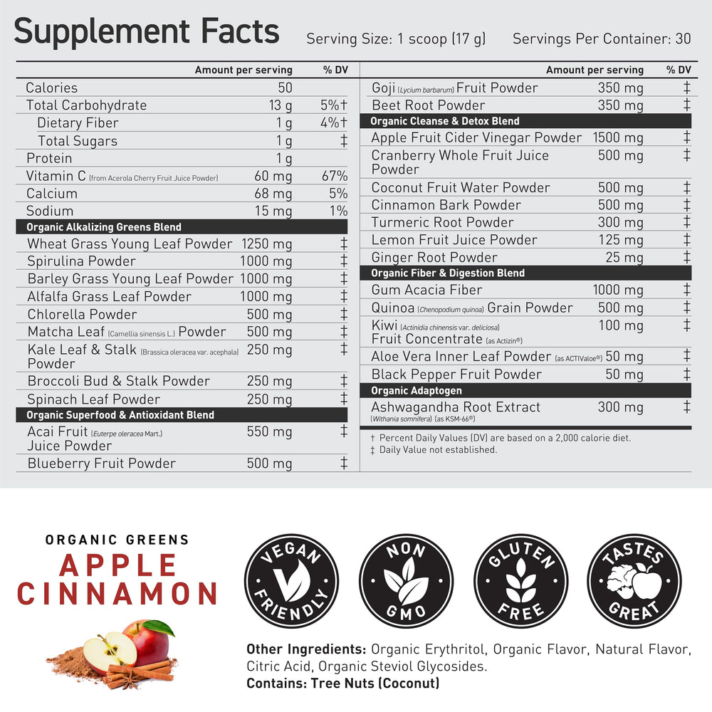 Kaged Organic Greens Apple Cinnamon ACTIValoe and Actazin prebiotics close-up.