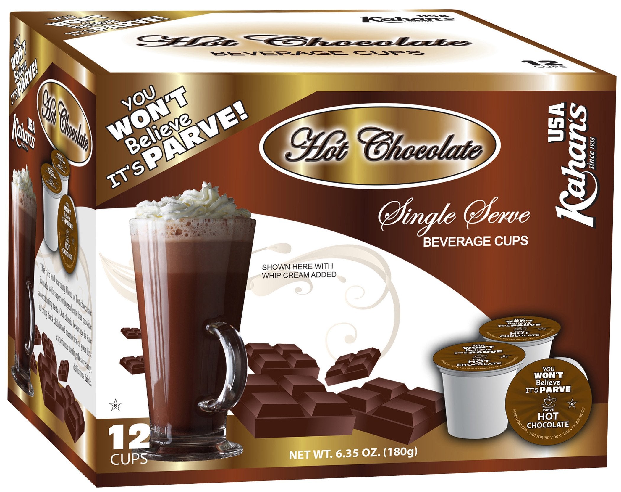 Kahan's dairy-free hot chocolate cups ready to brew, compatible with coffee makers.