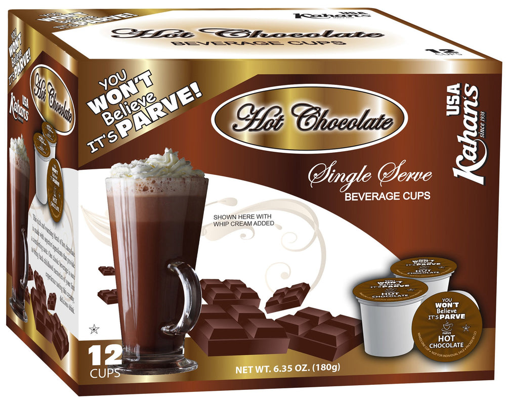 Kahan's dairy-free hot chocolate cups ready to brew, compatible with coffee makers.