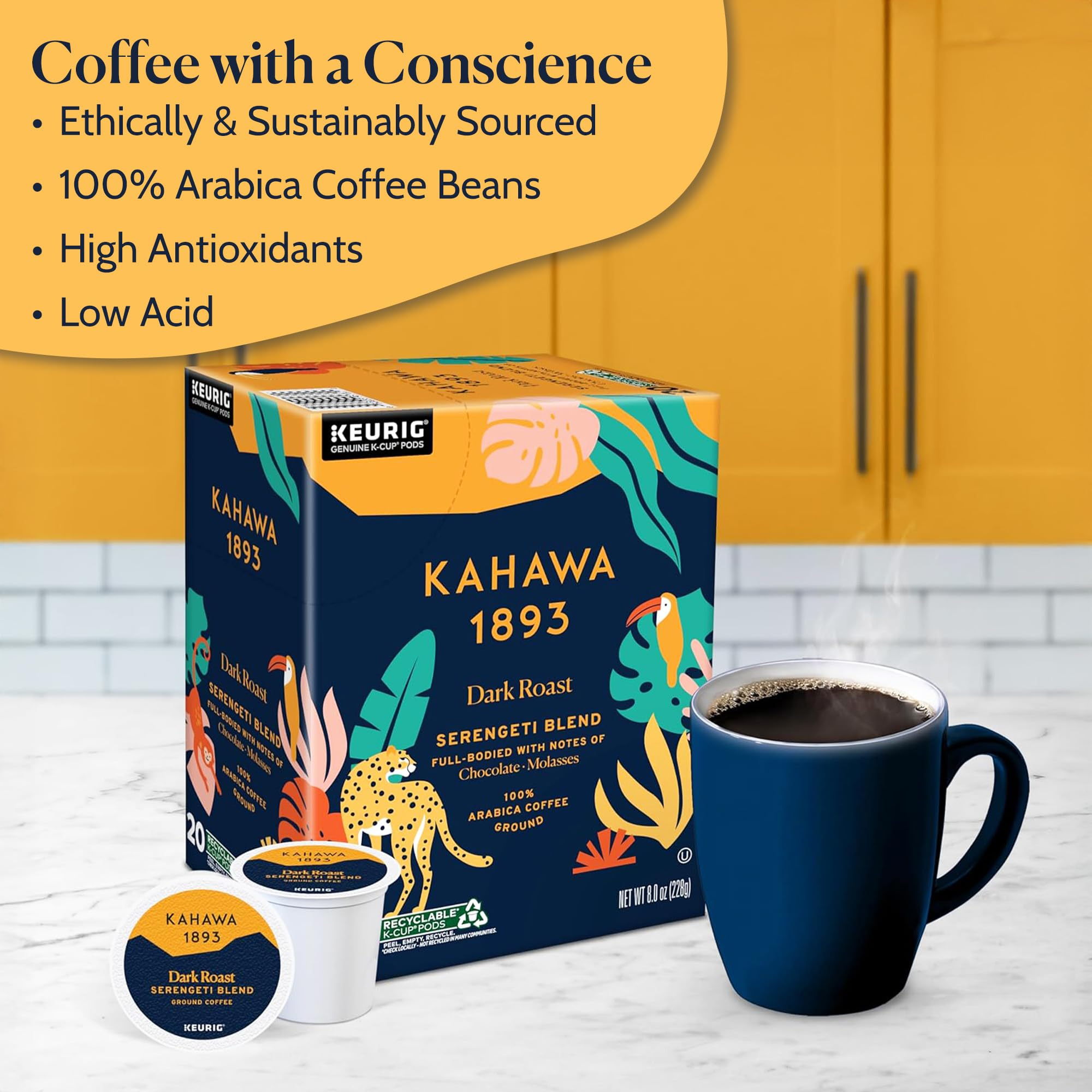 KAHAWA 1893 organically grown Arabica beans highlight origin.