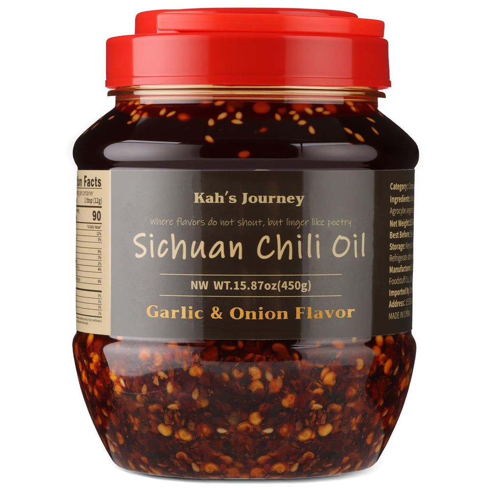 Kah's Journey Chili Oil drizzle over noodles for bold flavor.