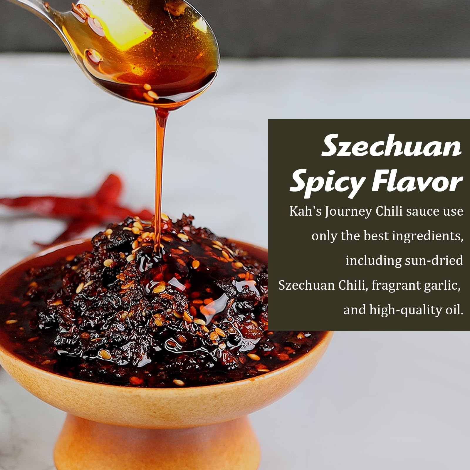 Dumplings dipped in Kah's Journey chili oil for enhanced flavor