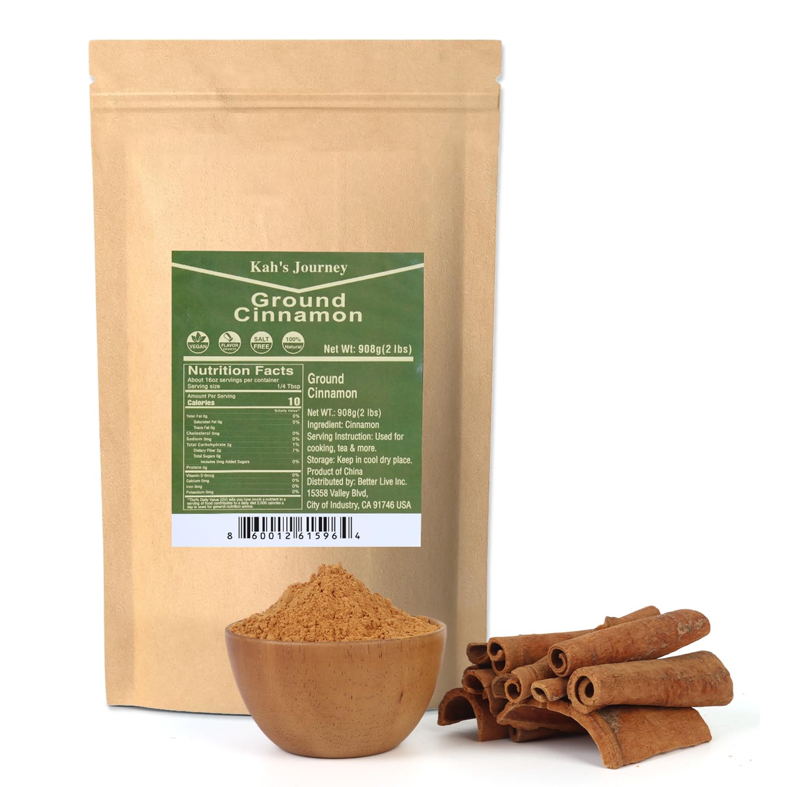 Kah's Journey ground cinnamon powder bulk bag enhances baking and beverages.