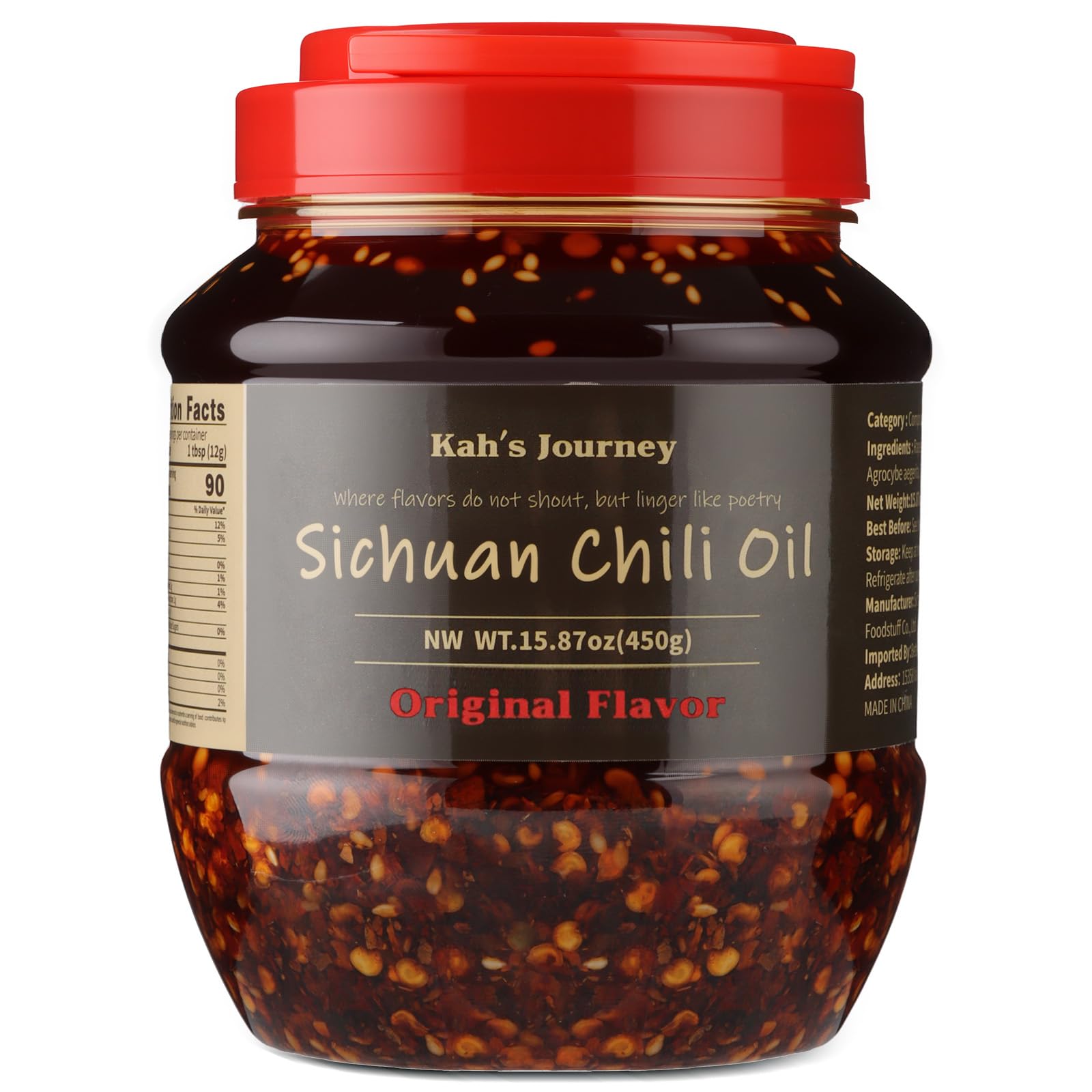 Kah's Journey Original Sichuan Chili Oil bottle being poured for bold heat