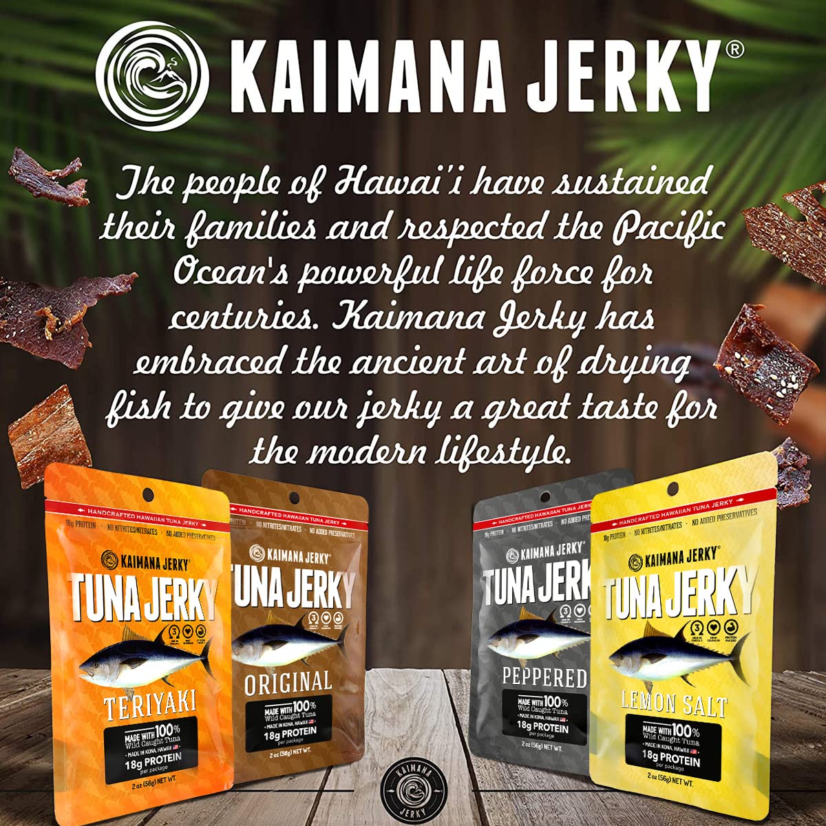 Kaimana Ahi Tuna Jerky packaging stack shows durable 2 oz bags