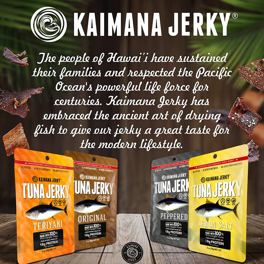 Kaimana Ahi Tuna Jerky packaging stack shows durable 2 oz bags