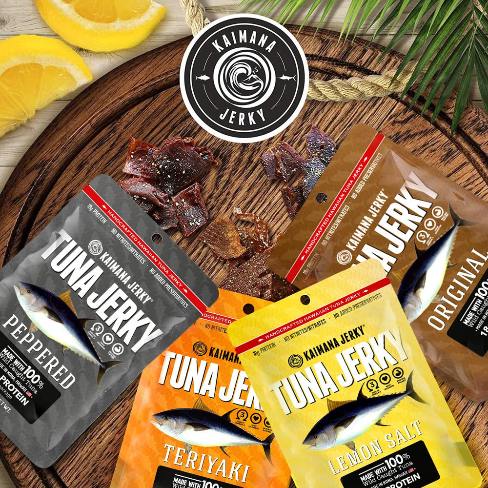 Kaimana Ahi Tuna Jerky Teriyaki flavor in a resealable bag for a satisfying snack