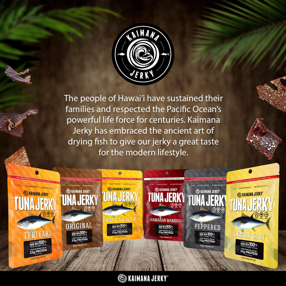 Kaimana Jerky Ahi Tuna packaging highlights all-natural, wild-caught quality.