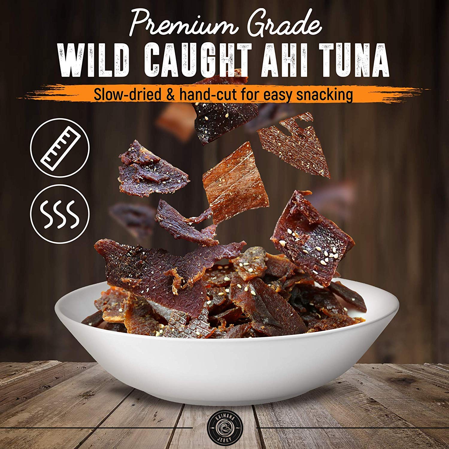 Kaimana Jerky Ahi Tuna Peppered pack showing bold bite for busy days.