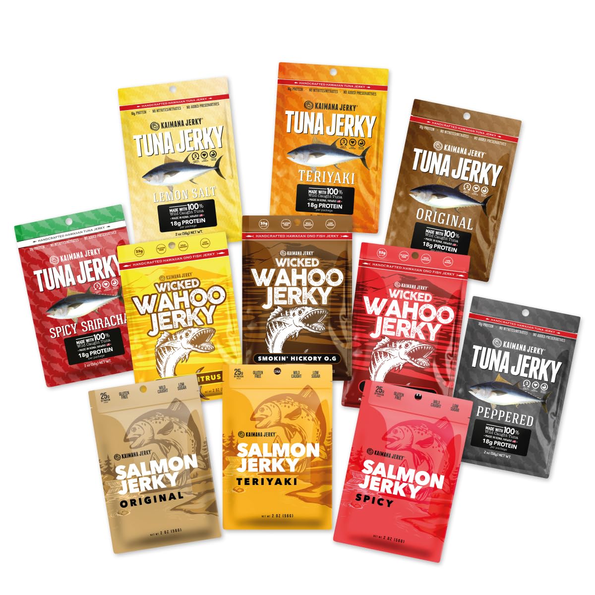 Kaimana Jerky Variety Pack with Ahi Tuna, Salmon, and Wahoo Ono for high-protein, omega-3 rich snacking