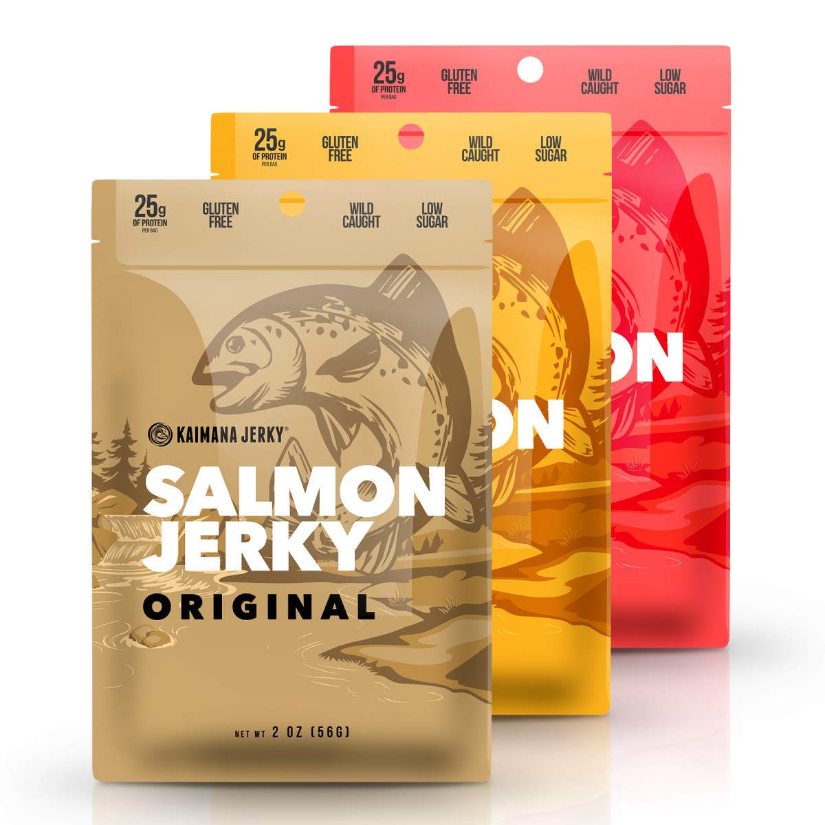Kaimana Jerky Original Wild Salmon Jerky pack, gluten-free and high-protein snack.