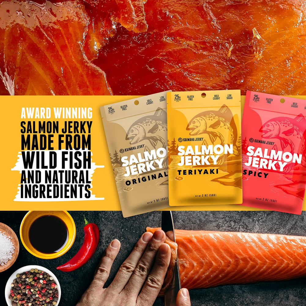 Kaimana Jerky Spicy Salmon Jerky pack, bold heat for a satisfying snack.