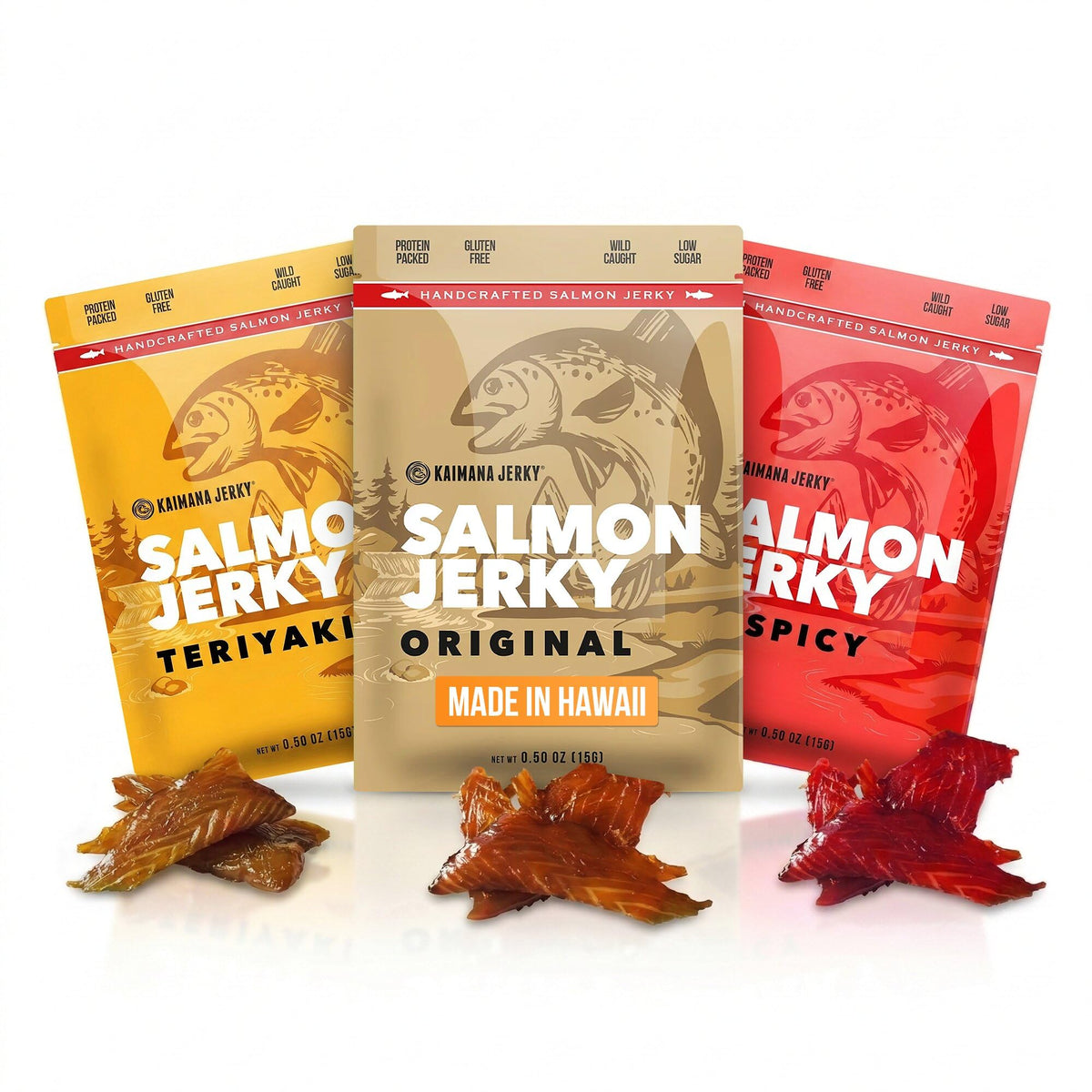 Kaimana Salmon Jerky Original flavor bag for a portable protein snack