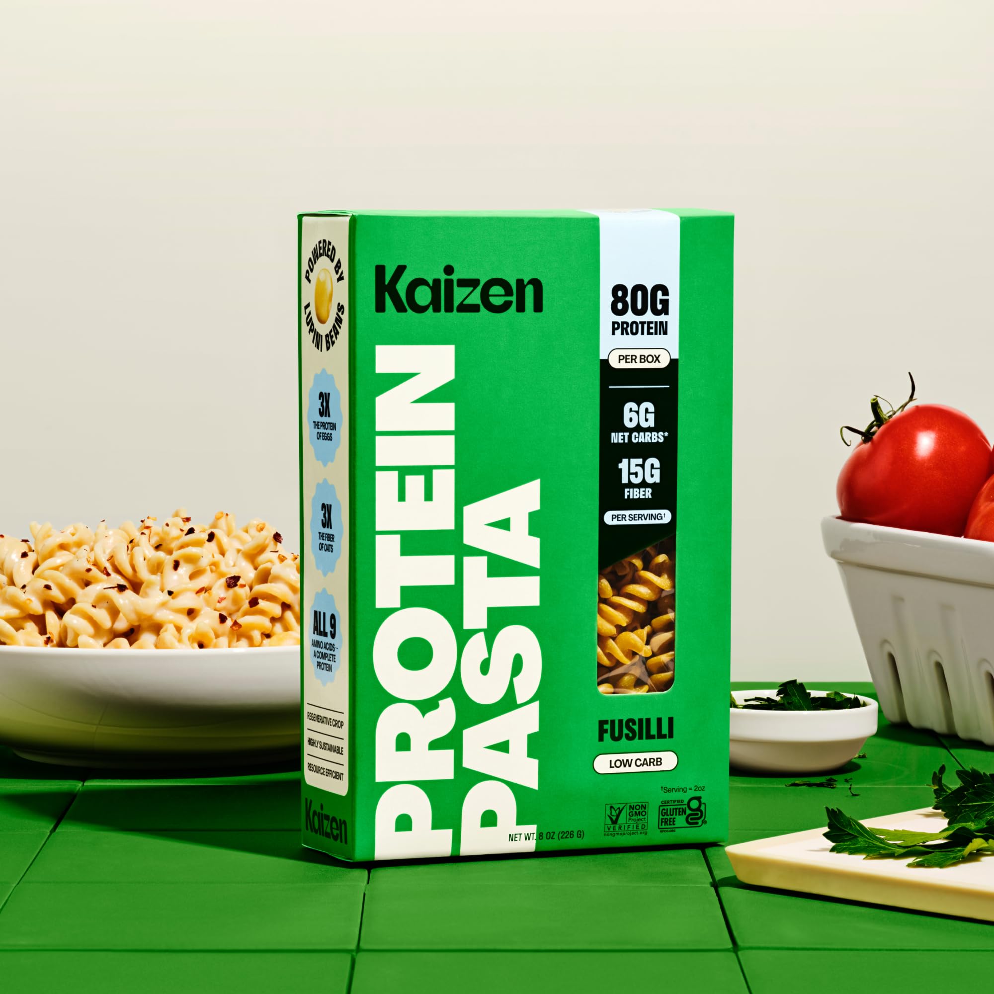 Kaizen gluten-free pasta texture close-up emphasizes a satisfying bite.