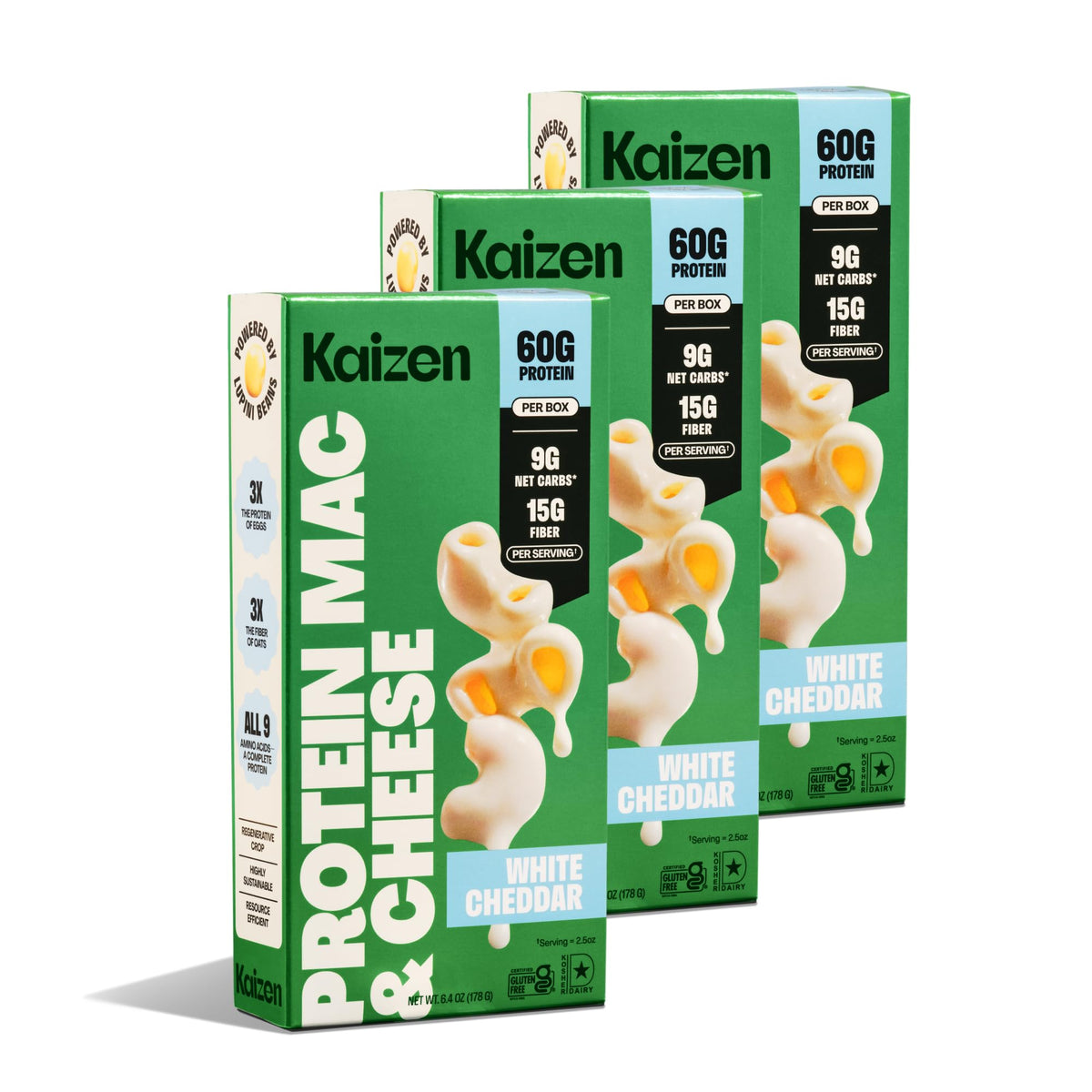 Kaizen High Protein Mac & Cheese with creamy white cheddar sauce in a bowl, ideal for quick weeknights.
