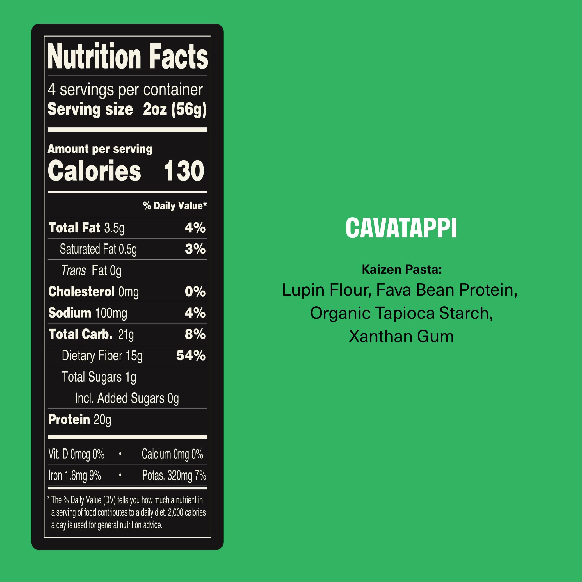 Kaizen High Protein pasta nutrition label emphasizes 20g per serving.