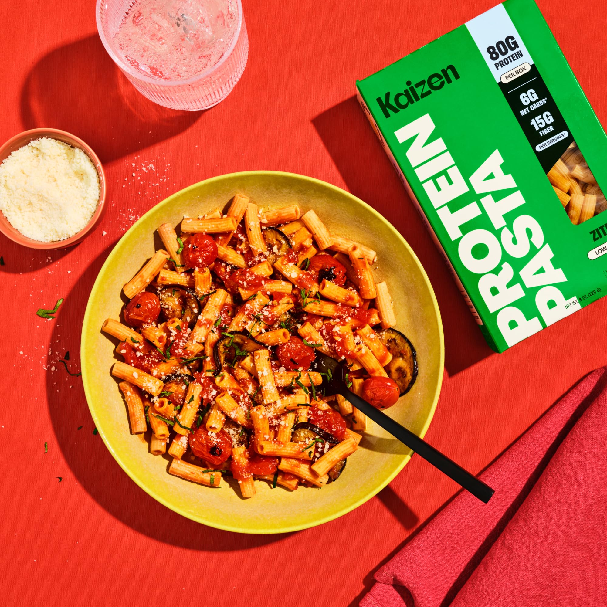 Kaizen Lupini Ziti protein-serving plate highlighting 20g protein