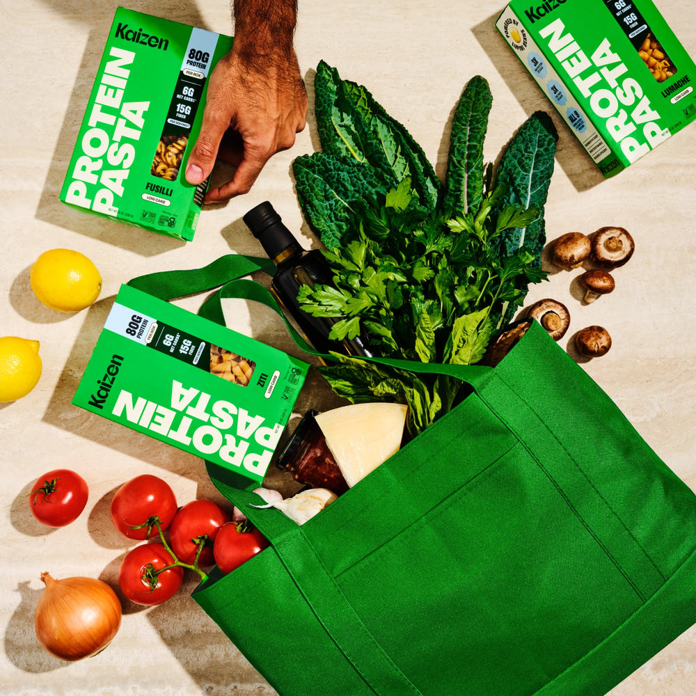 Kaizen Lupin bean flour-based pasta highlights plant-based nutrition and fiber.