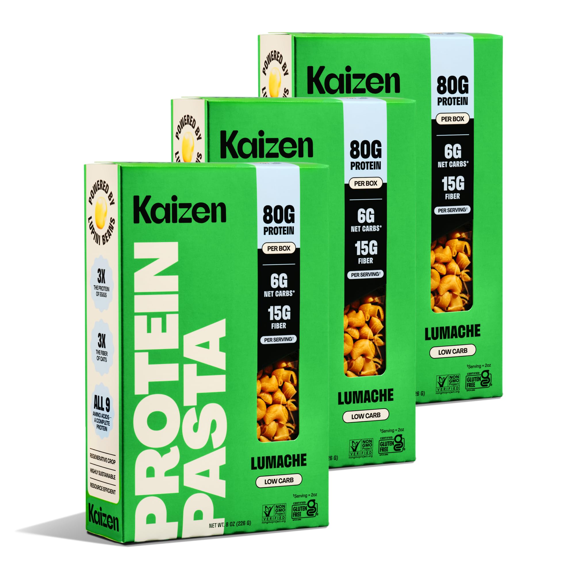 Kaizen Lupini Pasta Lumache pack on wooden board; high-protein, low-carb option.