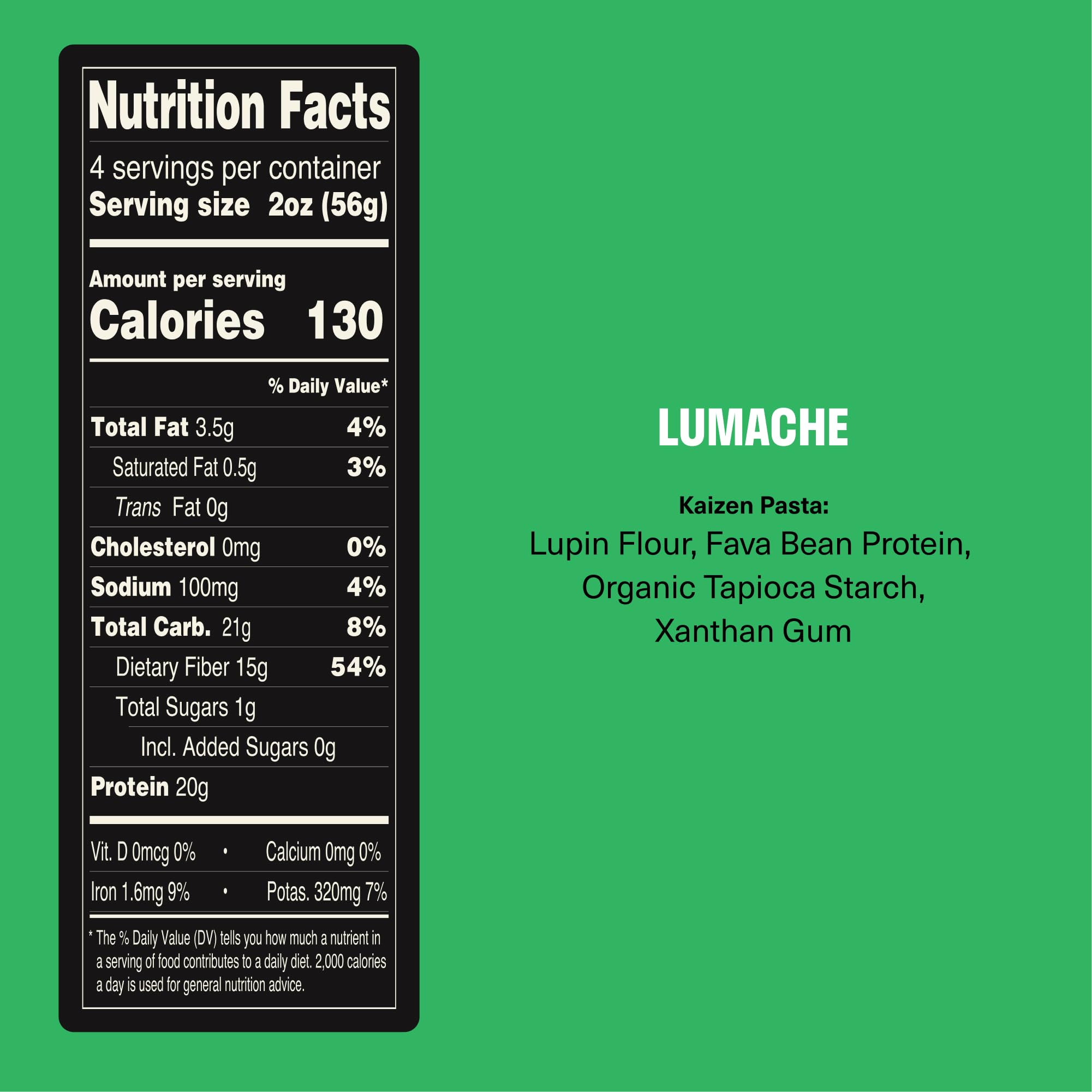 Uncooked Kaizen Lupini Pasta Lumache close-up; lupin bean base, plant-based, gluten-free.