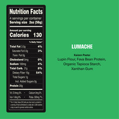 Uncooked Kaizen Lupini Pasta Lumache close-up; lupin bean base, plant-based, gluten-free.