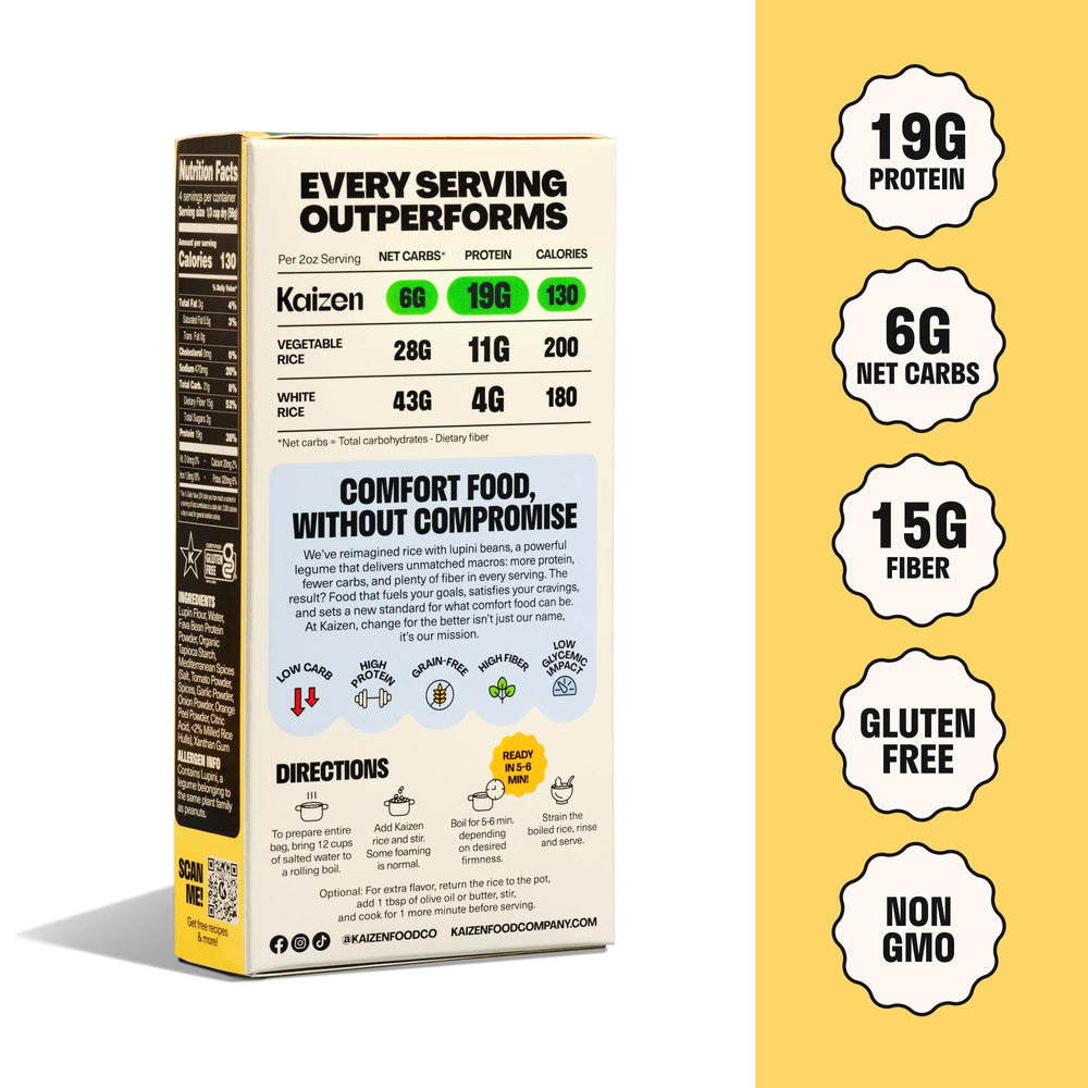 Gluten-free and Non-GMO Kaizen Rice bag emphasizing clean ingredients.