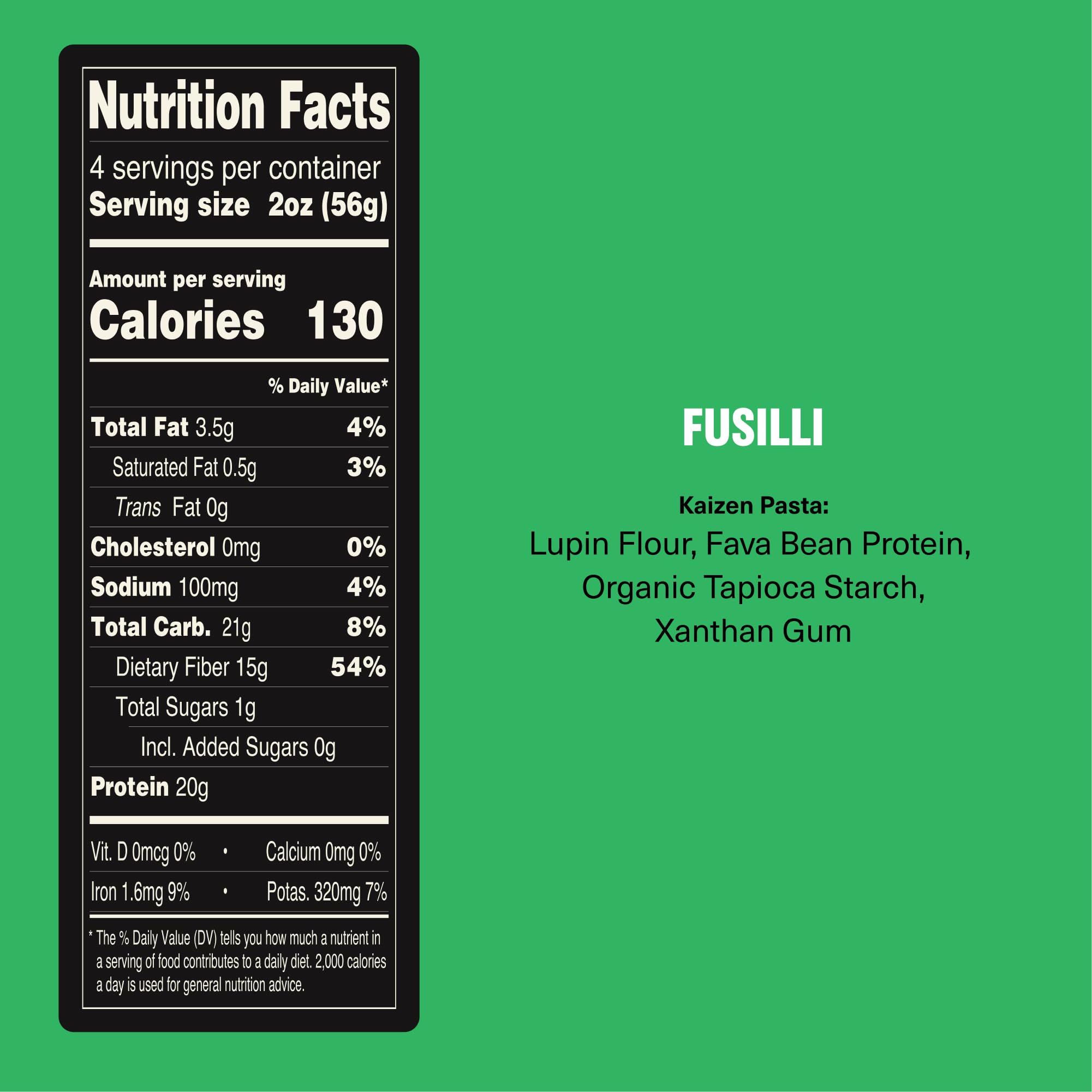 Kaizen Lupini Bean pasta ingredients close-up showing gluten-free, high-protein nutrition.