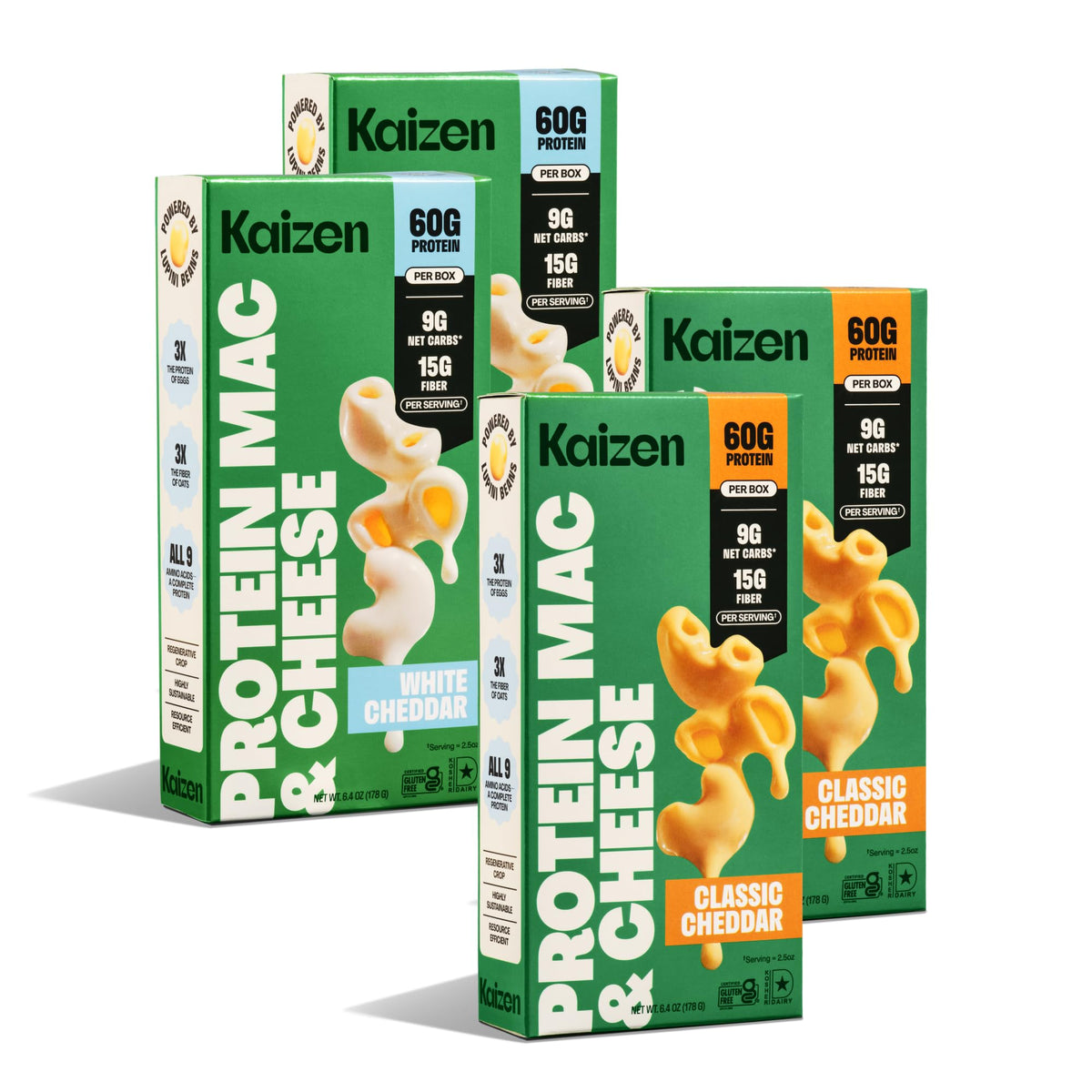 Kaizen Pasta Mac & Cheese Variety Pack box front showcases packaging and protein-forward promise.