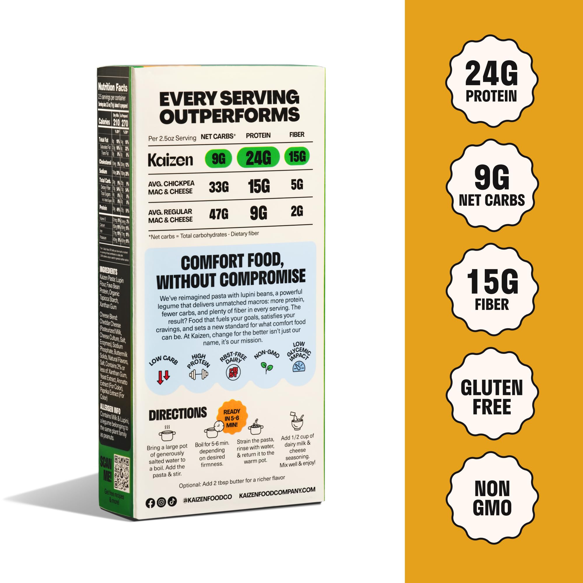 Kaizen Pasta Mac & Cheese Variety Pack kitchen-scene conveys quick, easy cooking in minutes.