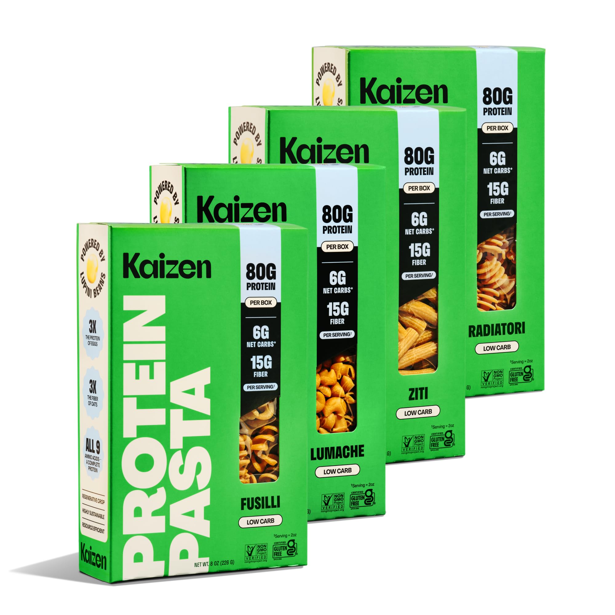 Kaizen Pasta Variety Pack Fusilli: a low-carb, high-protein noodle option.